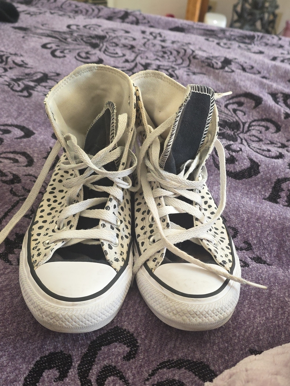 Women's High-Top Canvas Sneakers in White with Black Spot Print